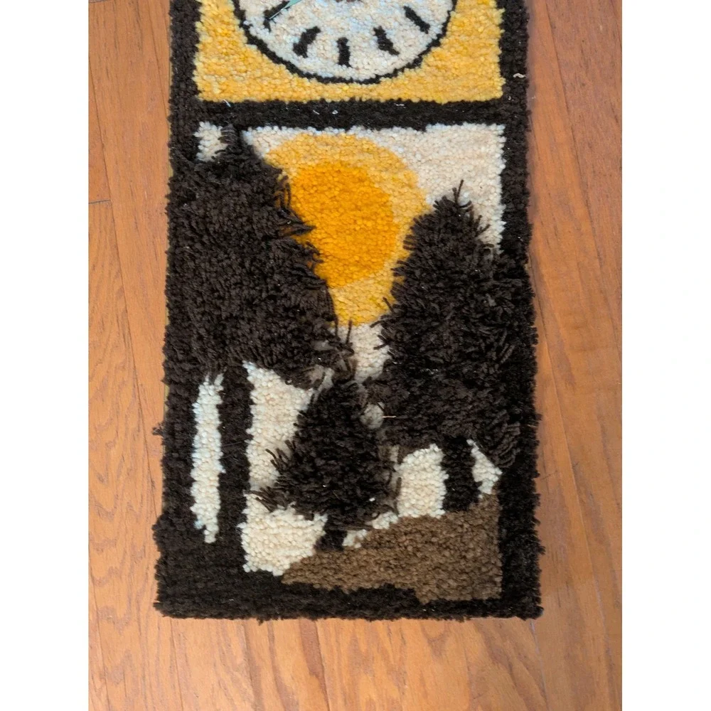 19 70s Latch Hook Rug Wall Clock Shag Fiber Art Landscape Sun Trees 34 x 16 In